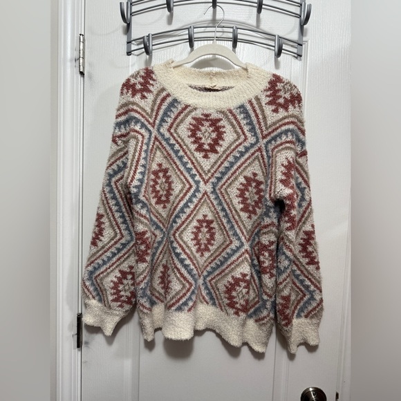 Hem & Thread pullover fleece sweater women’s M argyle cozy soft cream western - Picture 1 of 16